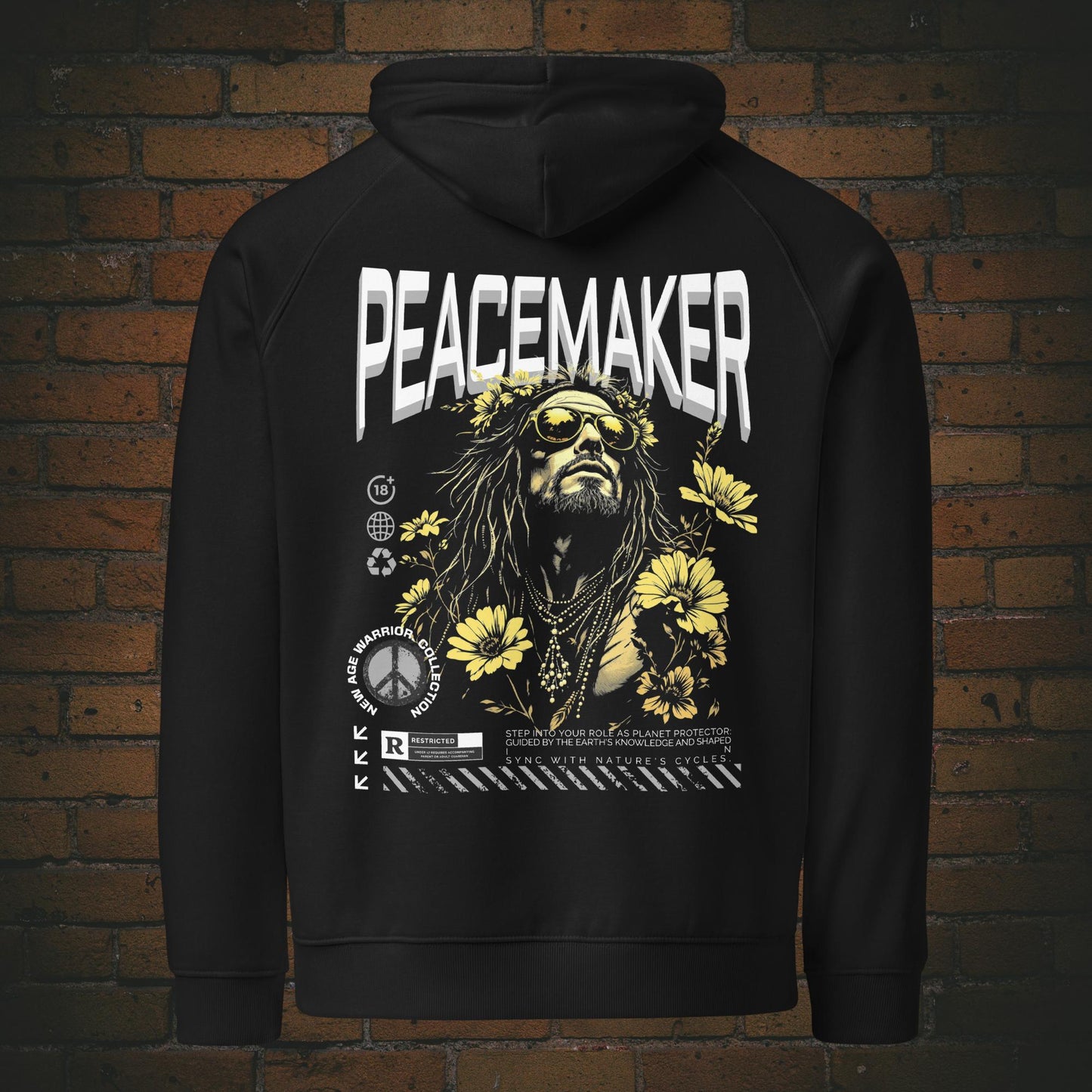 Peacemaker Hoodie – New Age Warrior | Grau-Weiß, Rückenprint auf schwarzer Bio Baumwolle, Unisex