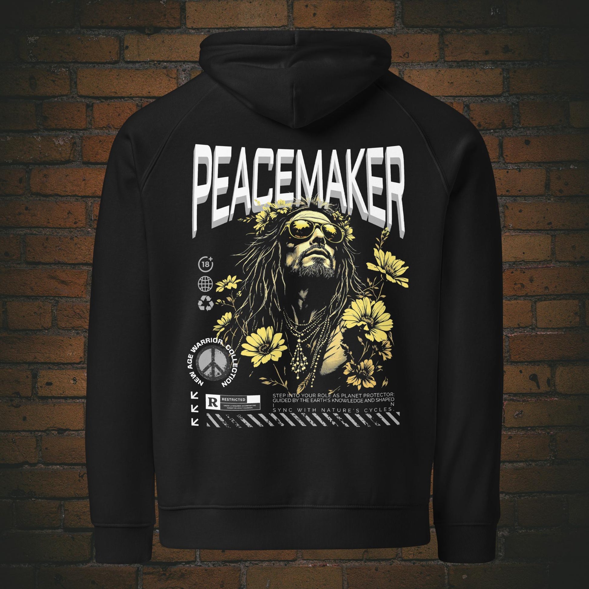 Peacemaker Hoodie – New Age Warrior | Grau-Weiß, Rückenprint auf schwarzer Bio Baumwolle, Unisex