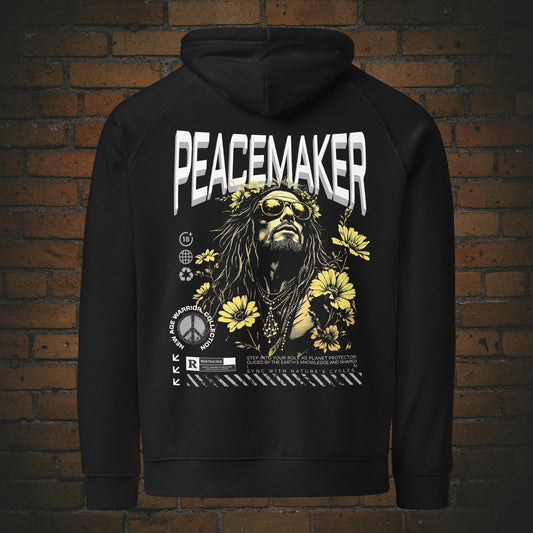 Peacemaker Hoodie – New Age Warrior | Grau-Weiß, Rückenprint auf schwarzer Bio Baumwolle, Unisex
