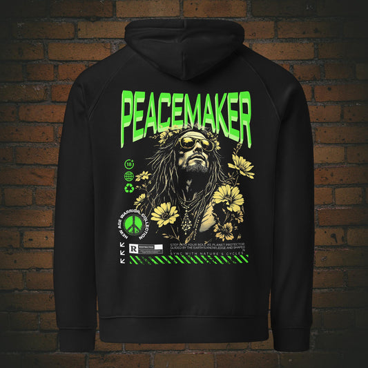 Peacemaker Hoodie Schrift Grün – Earth Guardian | New Age Warrior Unisex Bio-Hoodie in schwarz - Rückenprint