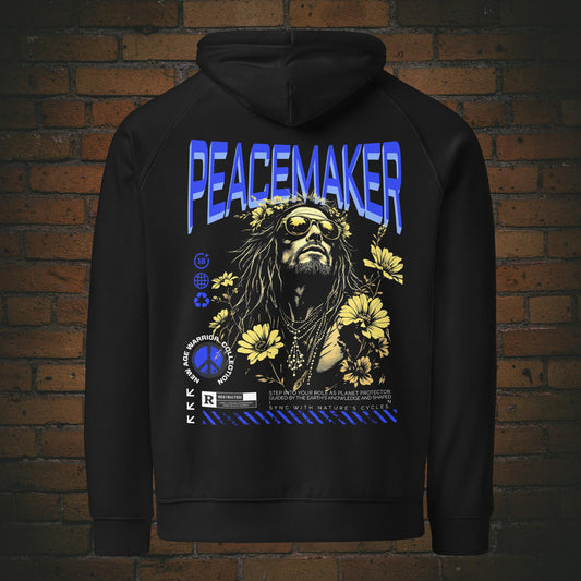 Peacemaker Hoodie Spruch Dunkelblau – Earth Guardian | New Age Warrior Unisex Bio-Hoodie in schwarz - Druck auf dem Rücken