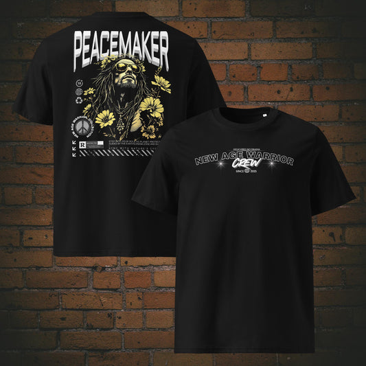 Peacemaker T-Shirt – New Age Warrior | Grau-Weiß, Crew-Front, Rückendruck - Design auf schwarzer Bio-Baumwolle gedruckt