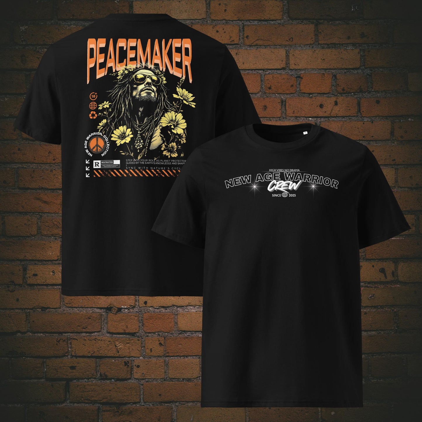 Peacemaker T-Shirt Orange – Earth Guardian | New Age Warrior, Unisex, Bio - Druck auf schwarzer Baumwolle