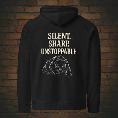 Silent Sharp Unstoppable Hoodie – Schwarzer Panther Bio Unisex - Druck auf dem Rücken - Kapuzenpullover für Frau und Mann in der Farbe: schwarz