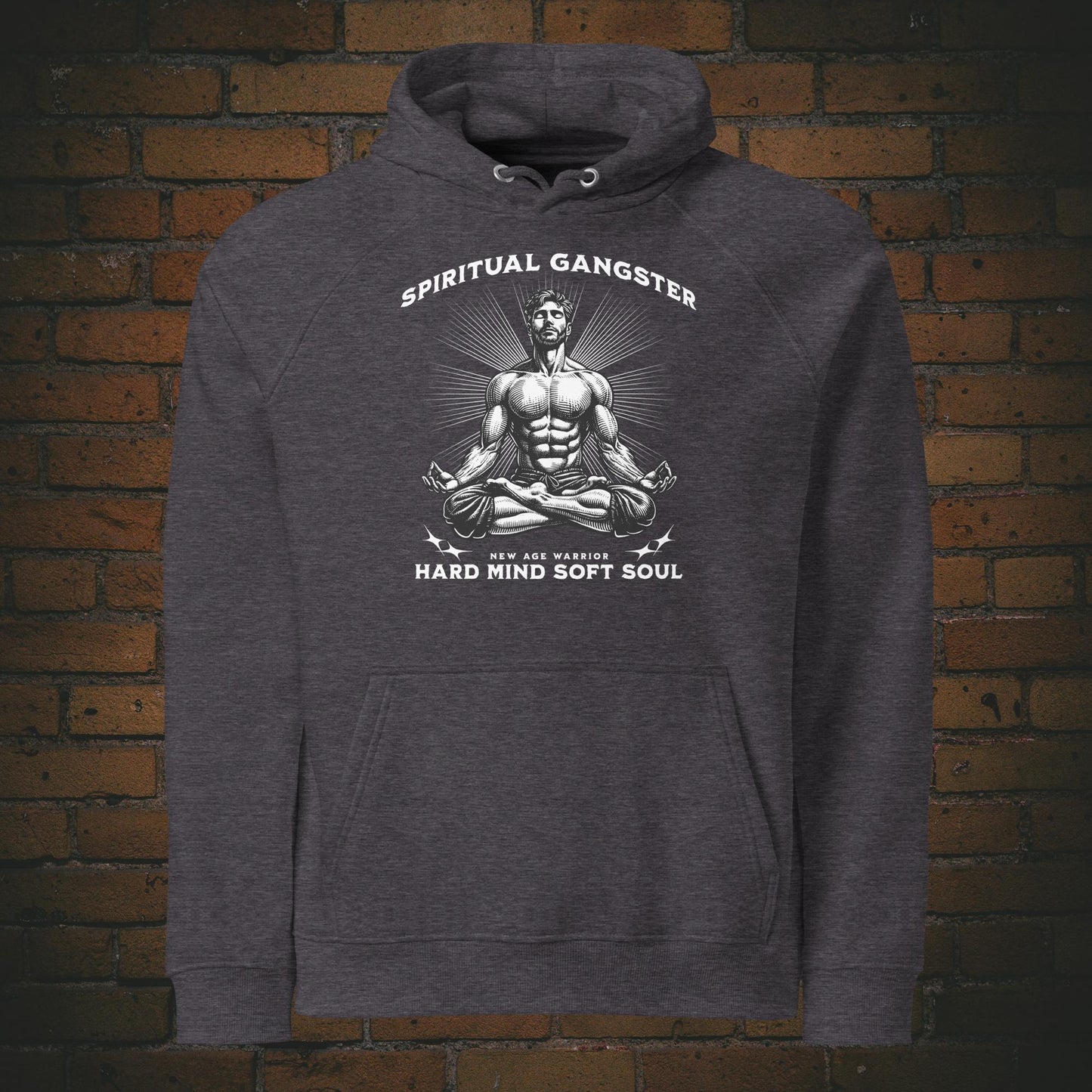 Spiritual Gangster Hoodie – Hard Mind Soft Soul | New Age Warrior Druck auf Bio Baumwolle in der Farbe dunkelgrau Unisex