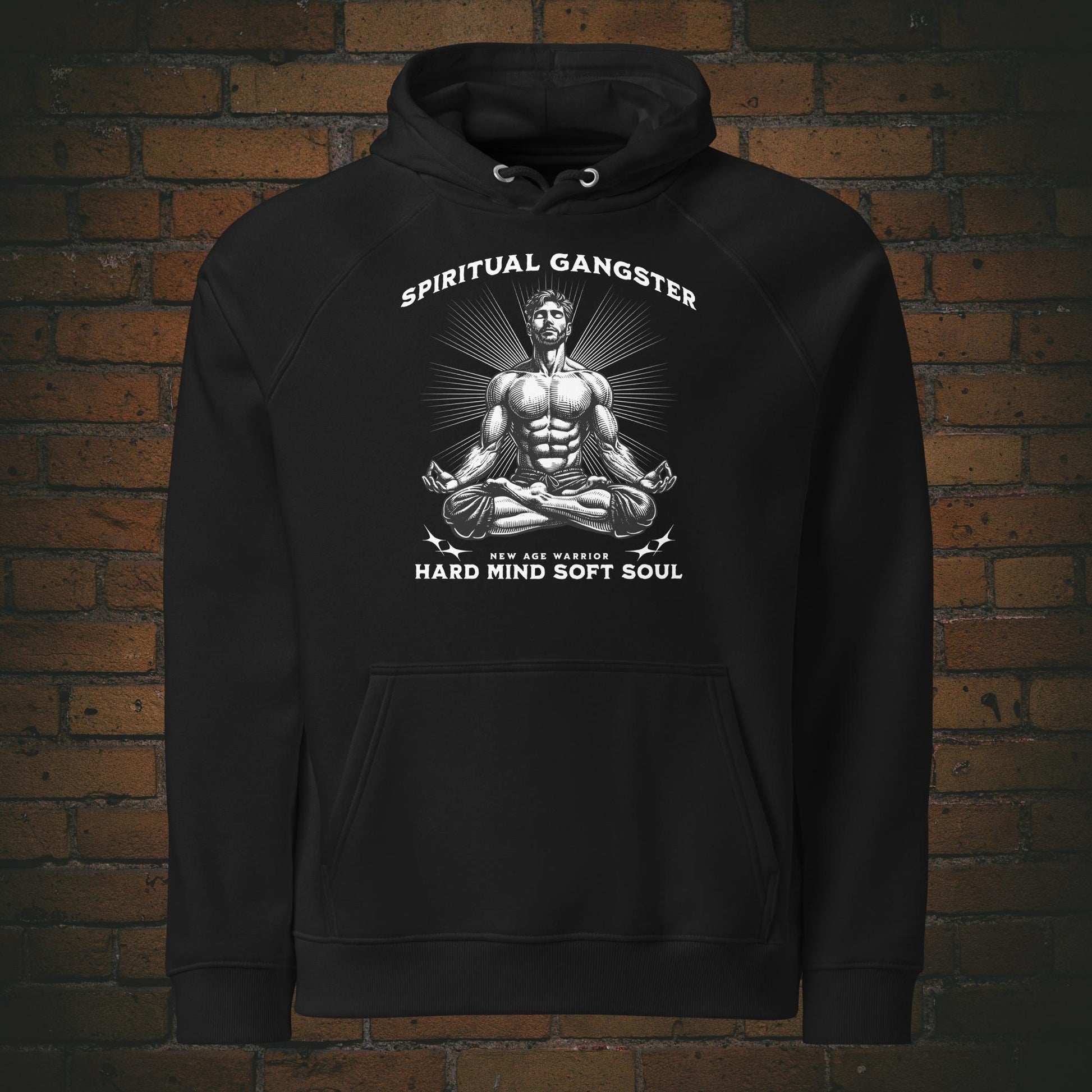 Spiritual Gangster Hoodie – Hard Mind Soft Soul | New Age Warrior Druck auf Bio Baumwolle in der Farbe schwarz Unisex