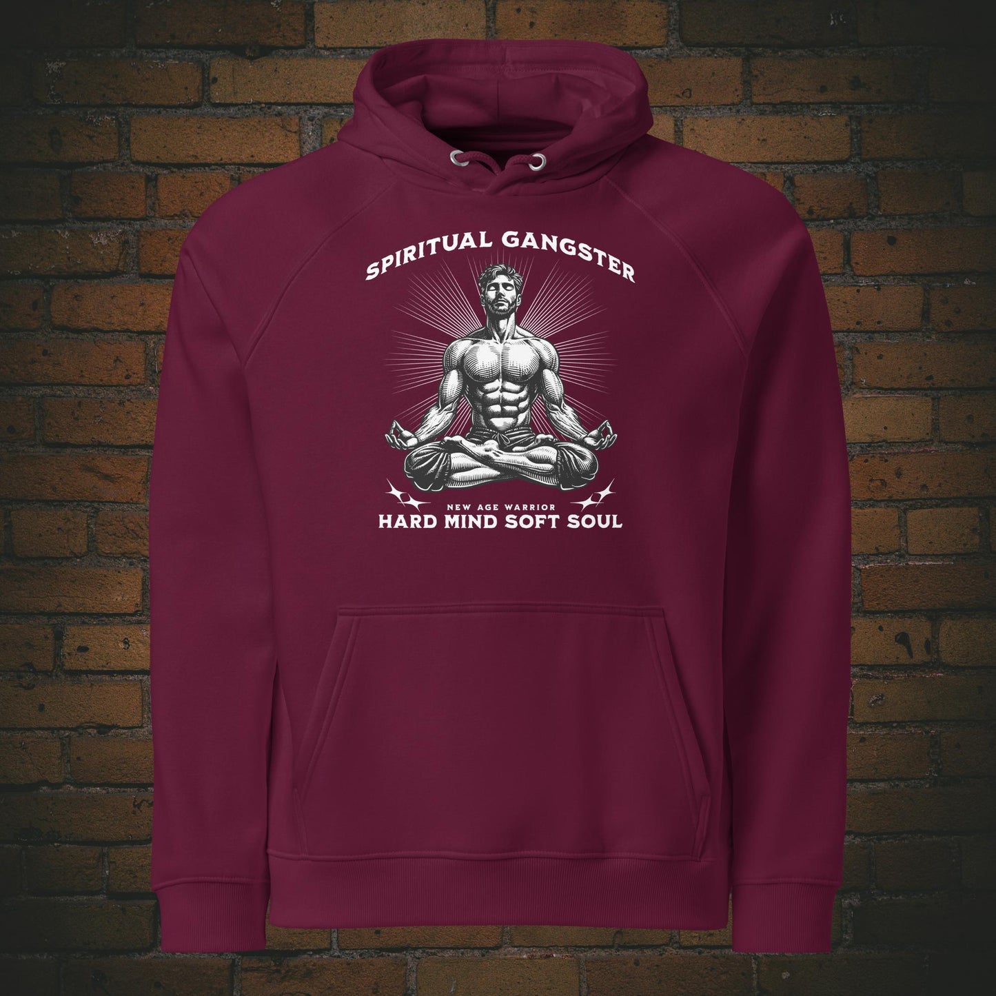 Spiritual Gangster Hoodie – Hard Mind Soft Soul | New Age Warrior Druck auf Bio Baumwolle in der Farbe weinrot Unisex