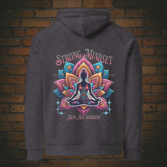 Strong Mindset Hoodie Unisex Biobaumwolle – Yoga Lotus Design | New Age Warrior in der Farbe dunkelgrau 