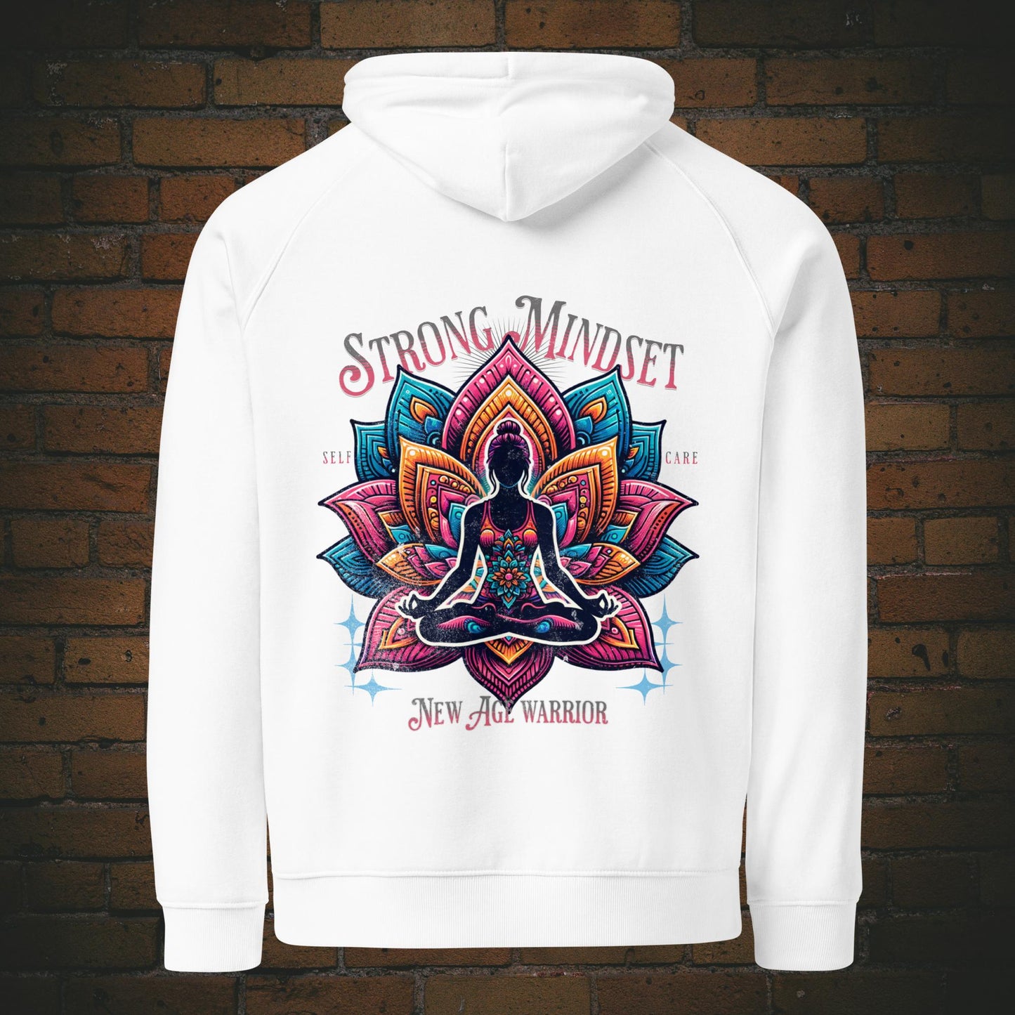 Strong Mindset Hoodie Unisex Biobaumwolle – Yoga Lotus Design | New Age Warrior in der Farbe weiß 