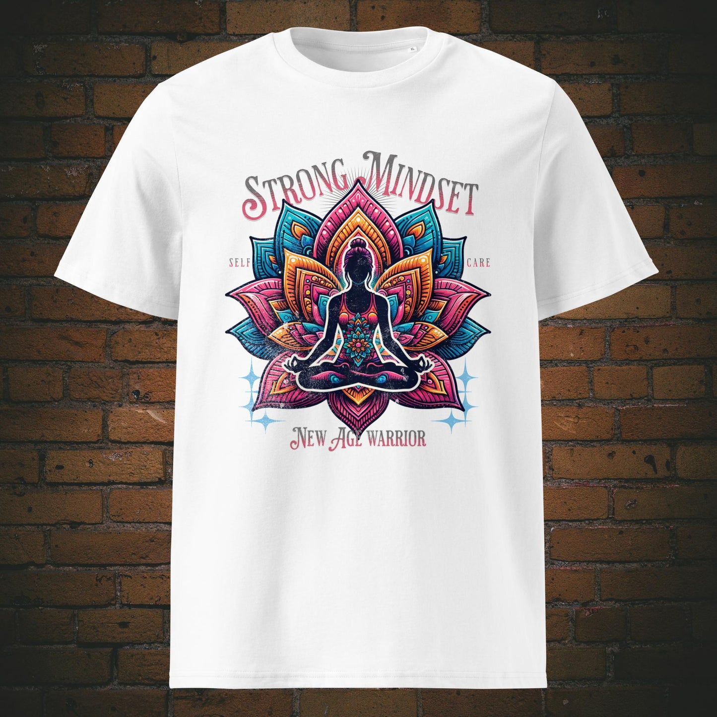 Strong Mindset T-Shirt Unisex Bio Baumwolle – Yoga Lotus Design | New Age Warrior Kollektion in der Farbe weiss