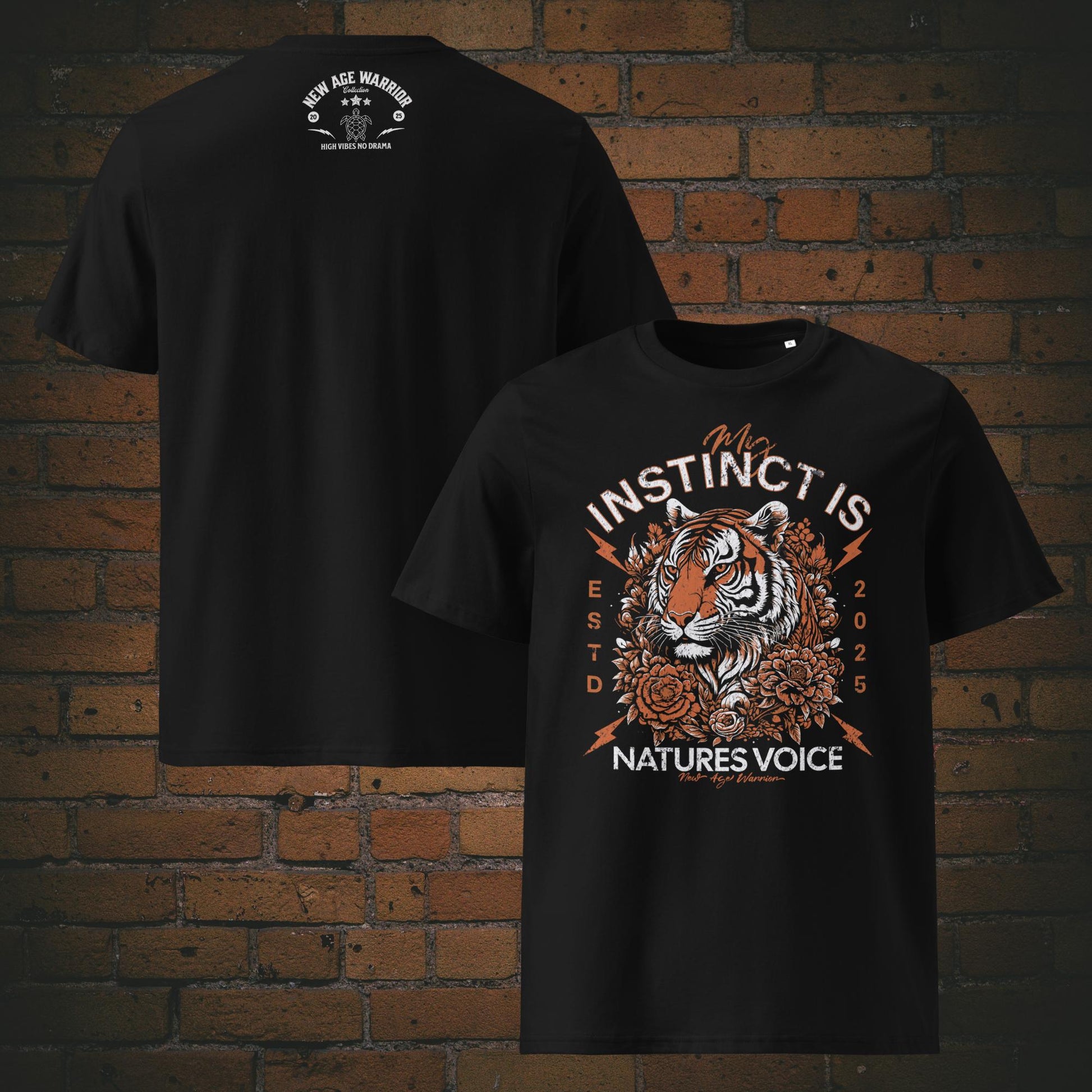 T-Shirt Unisex mit Spruch – Tiger Design My Instinct | New Age Warrior Bio Baumwolle in der Farbe schwarz
