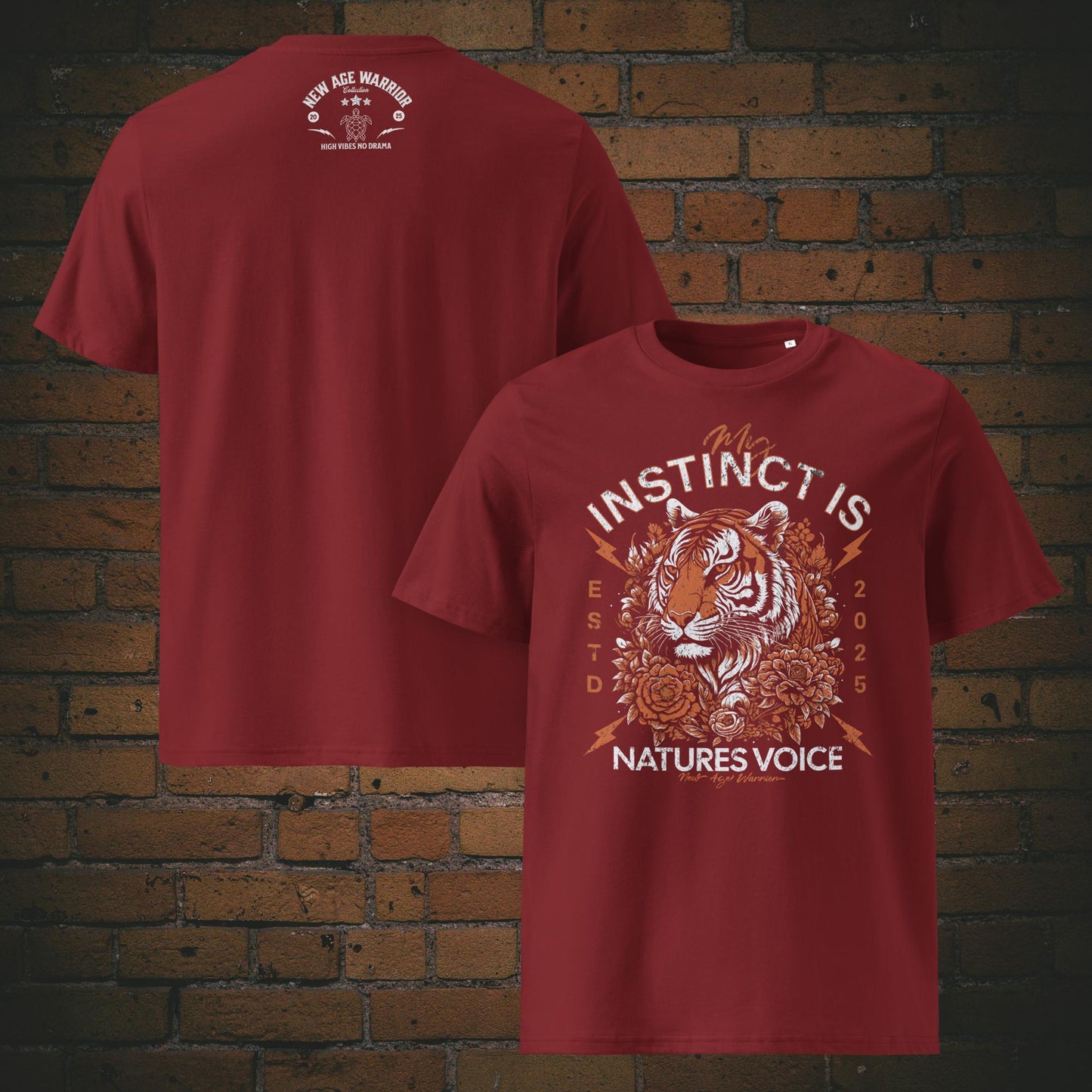 T-Shirt Unisex mit Spruch – Tiger Design My Instinct | New Age Warrior Bio Baumwolle in der Farbe weinrot