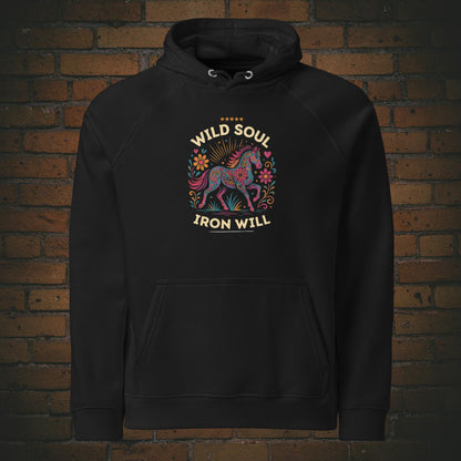 Wild Soul Iron Will – Hippie Pferd Bio Hoodie Unisex in der Farbe schwarz - Druck auf der Vorderseite
